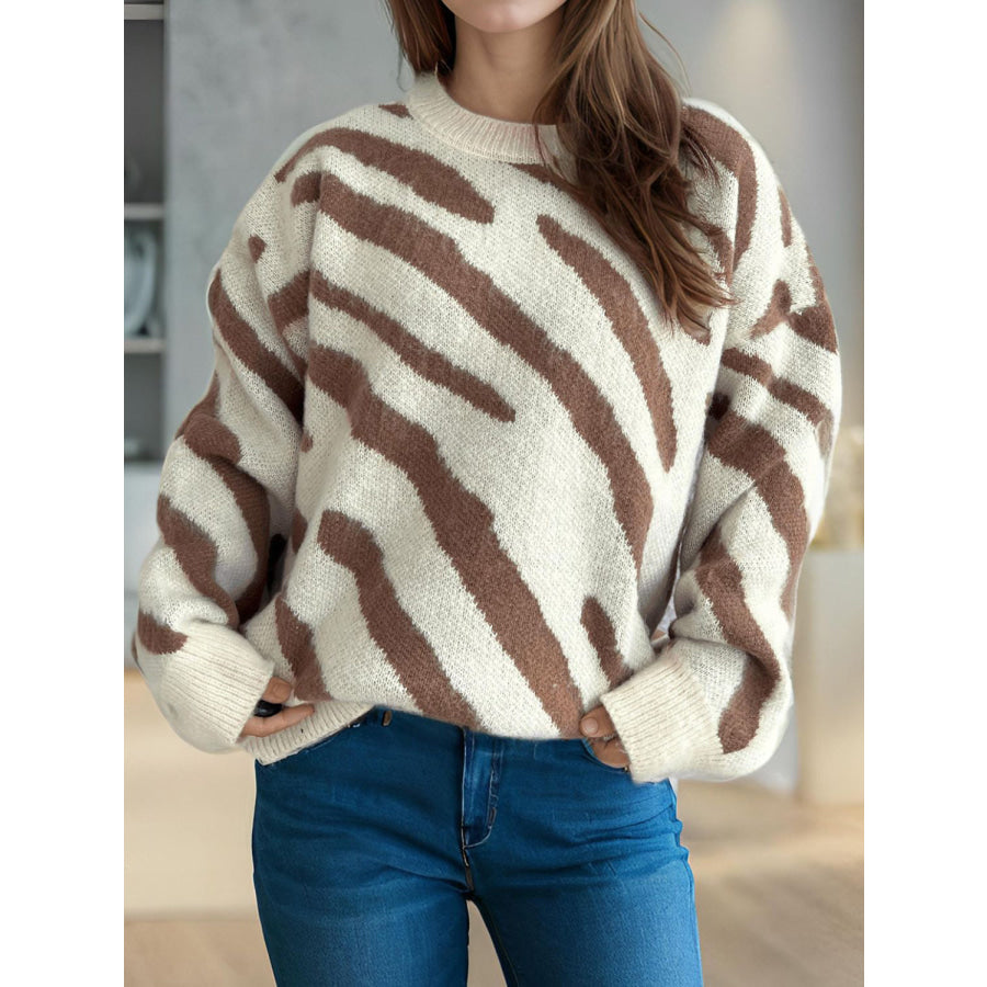 Contrast Round Neck Long Sleeve Sweater Brown / One Size Apparel and Accessories