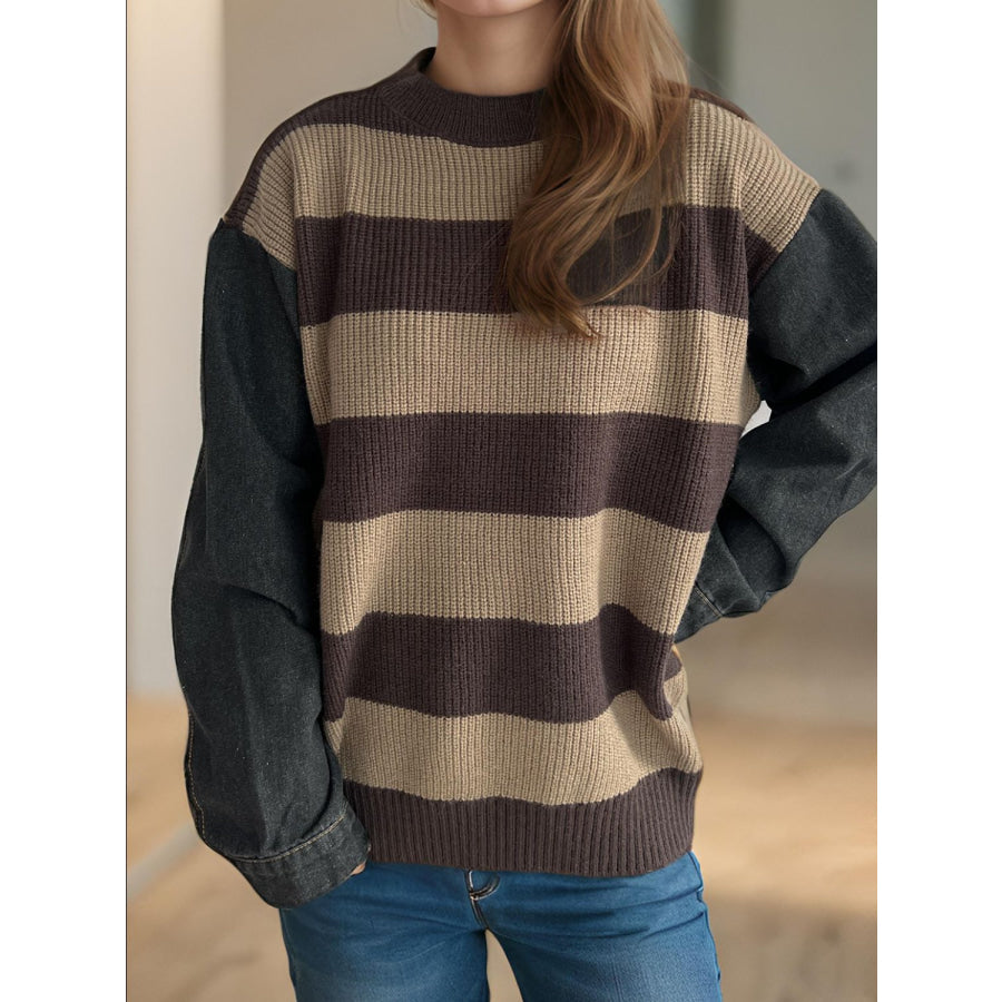 Contrast Round Neck Long Sleeve Sweater Brown / One Size Apparel and Accessories