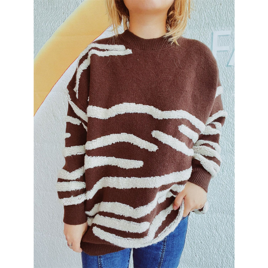 Contrast Round Neck Long Sleeve Sweater Brown / One Size Apparel and Accessories