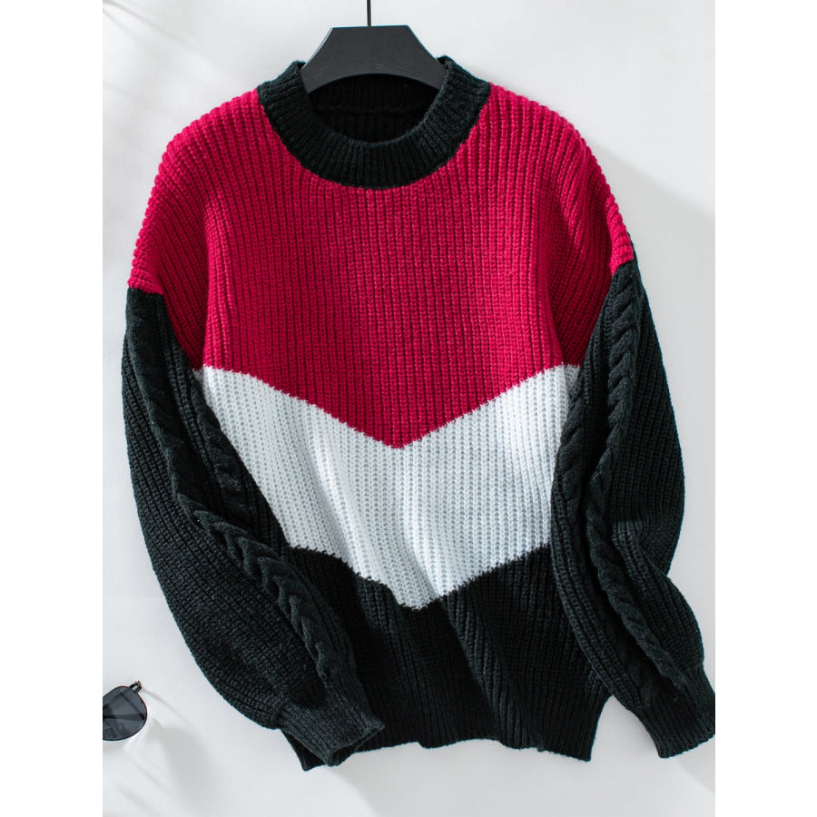 Contrast Round Neck Long Sleeve Sweater Burgundy / S Apparel and Accessories