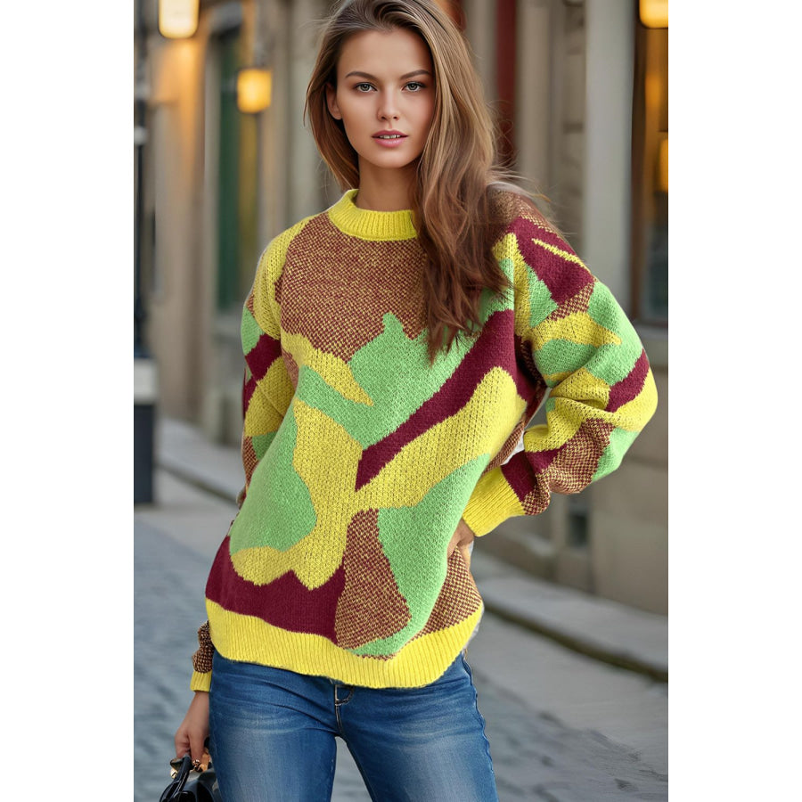 Contrast Round Neck Long Sleeve Sweater Canary Yellow / One Size Apparel and Accessories