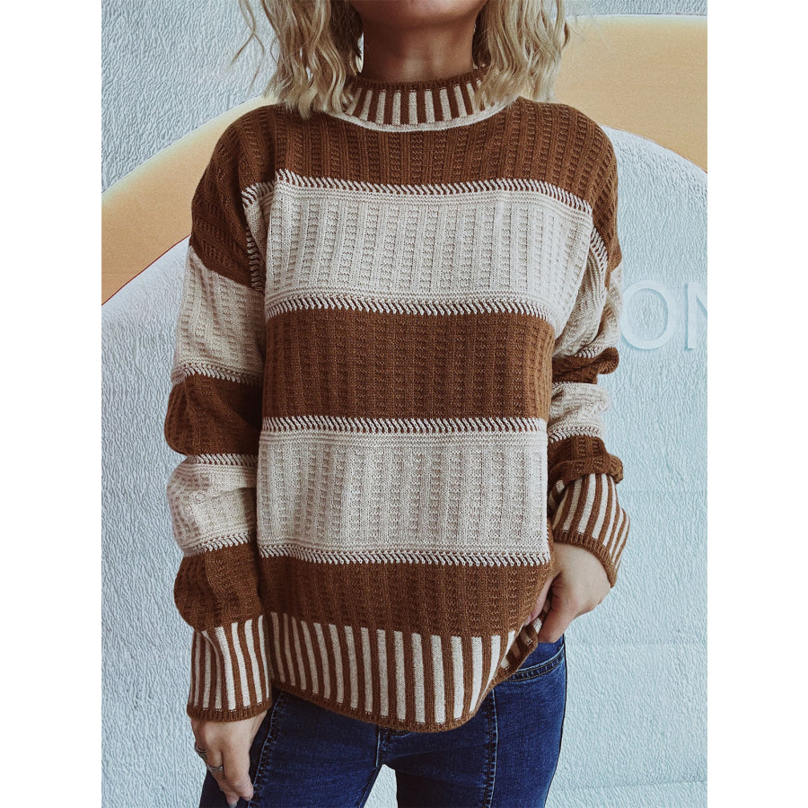 Contrast Round Neck Long Sleeve Sweater Caramel / One Size Apparel and Accessories