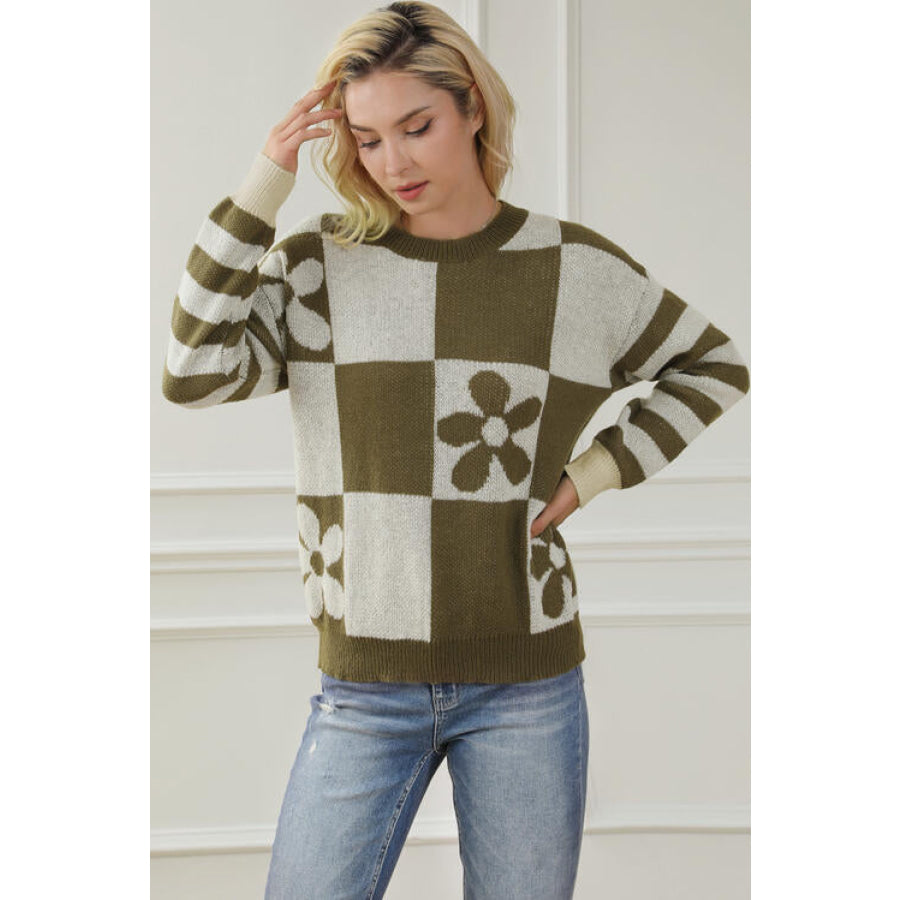 Contrast Round Neck Long Sleeve Sweater Clothing