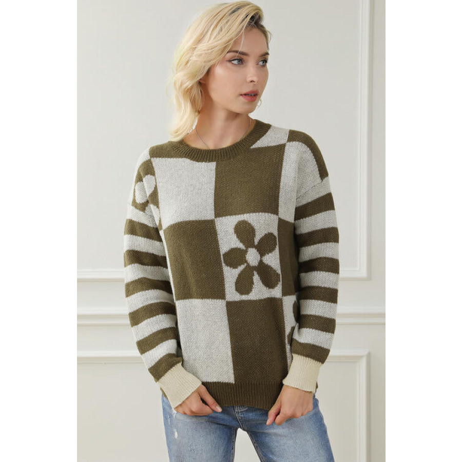 Contrast Round Neck Long Sleeve Sweater Clothing