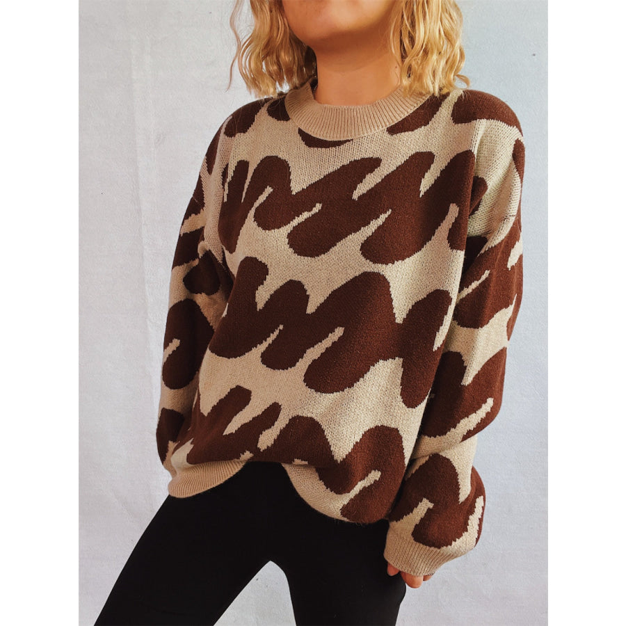 Contrast Round Neck Long Sleeve Sweater Dark Brown / One Size Apparel and Accessories