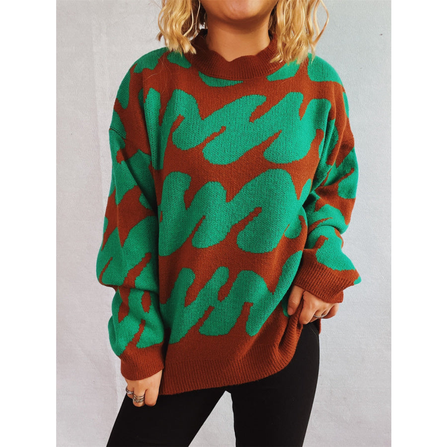 Contrast Round Neck Long Sleeve Sweater Dark Green / One Size Apparel and Accessories