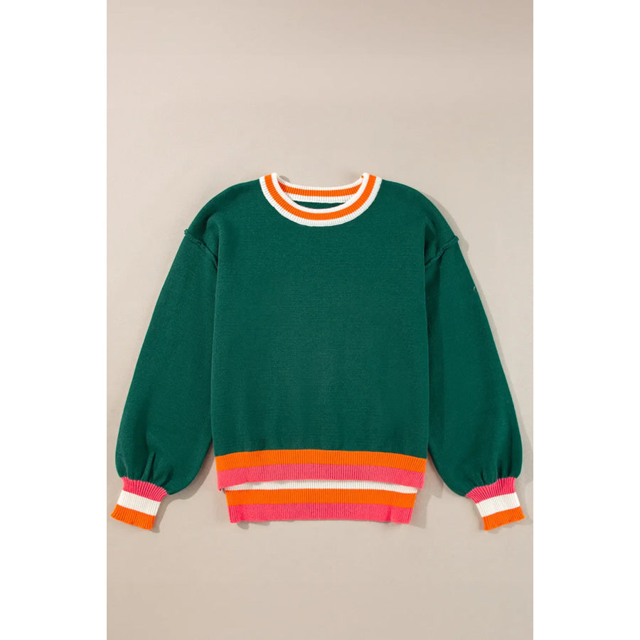 Contrast Round Neck Long Sleeve Sweater Dark Green / S Apparel and Accessories