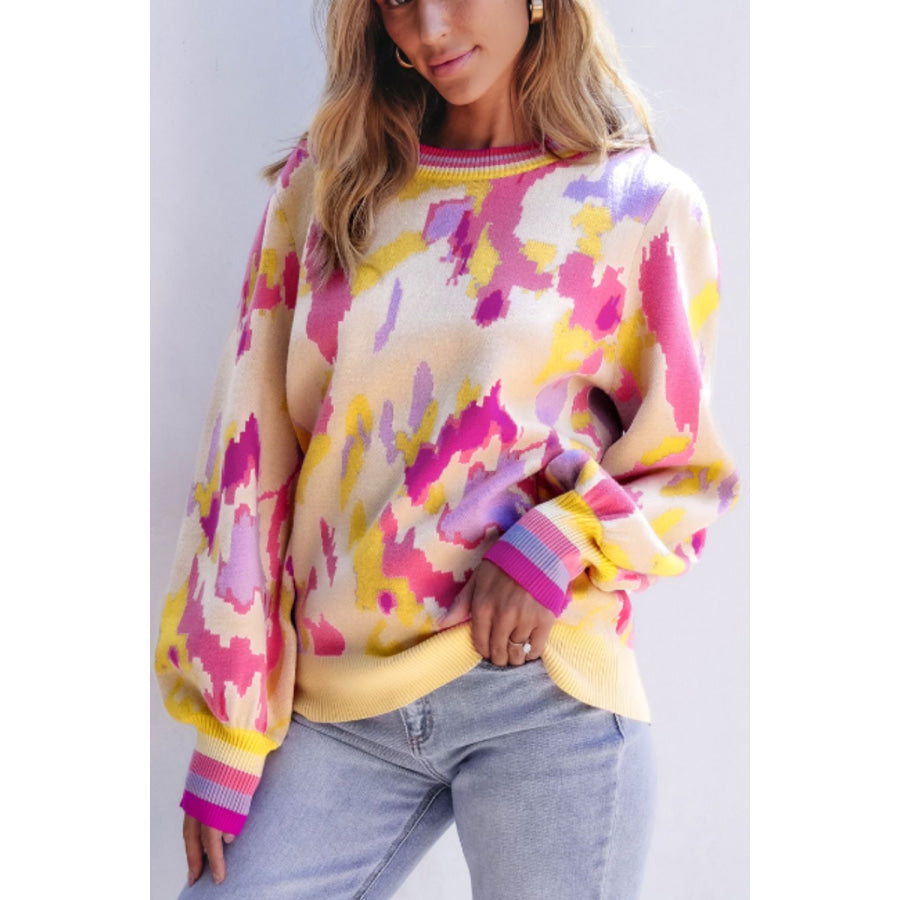 Contrast Round Neck Long Sleeve Sweater Floral / S Apparel and Accessories