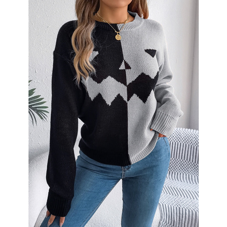 Contrast Round Neck Long Sleeve Sweater Gray / S Apparel and Accessories