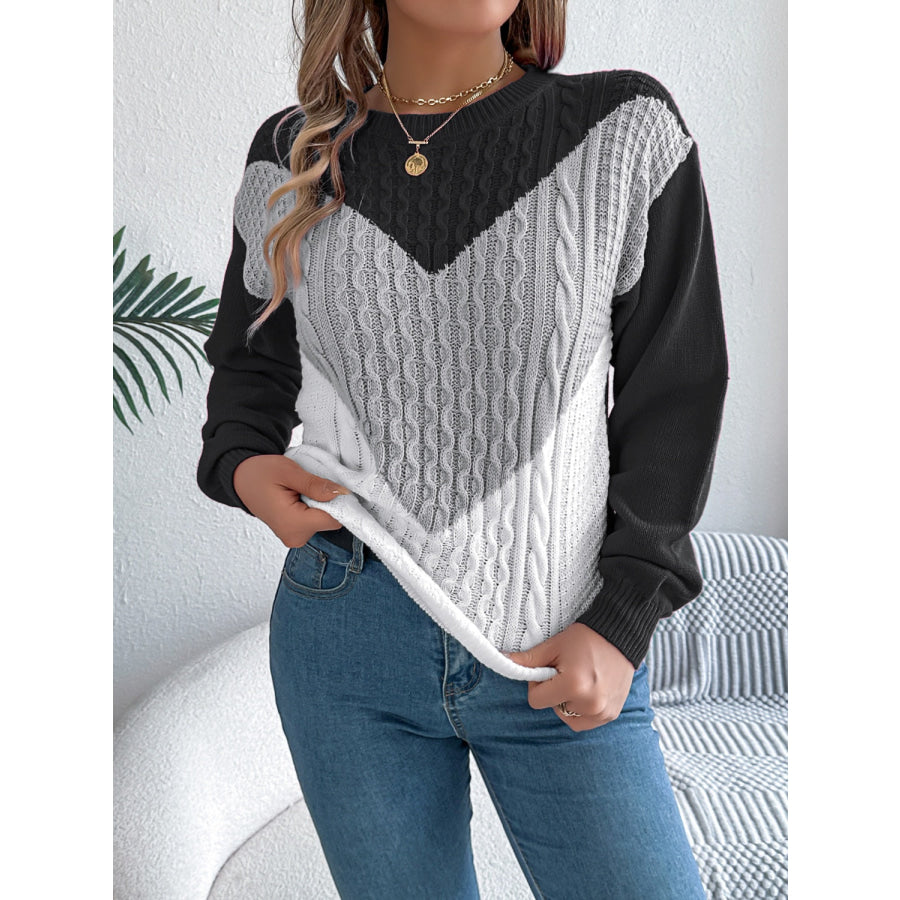 Contrast Round Neck Long Sleeve Sweater Gray / S Apparel and Accessories