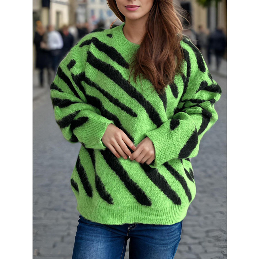 Contrast Round Neck Long Sleeve Sweater Green / One Size Apparel and Accessories