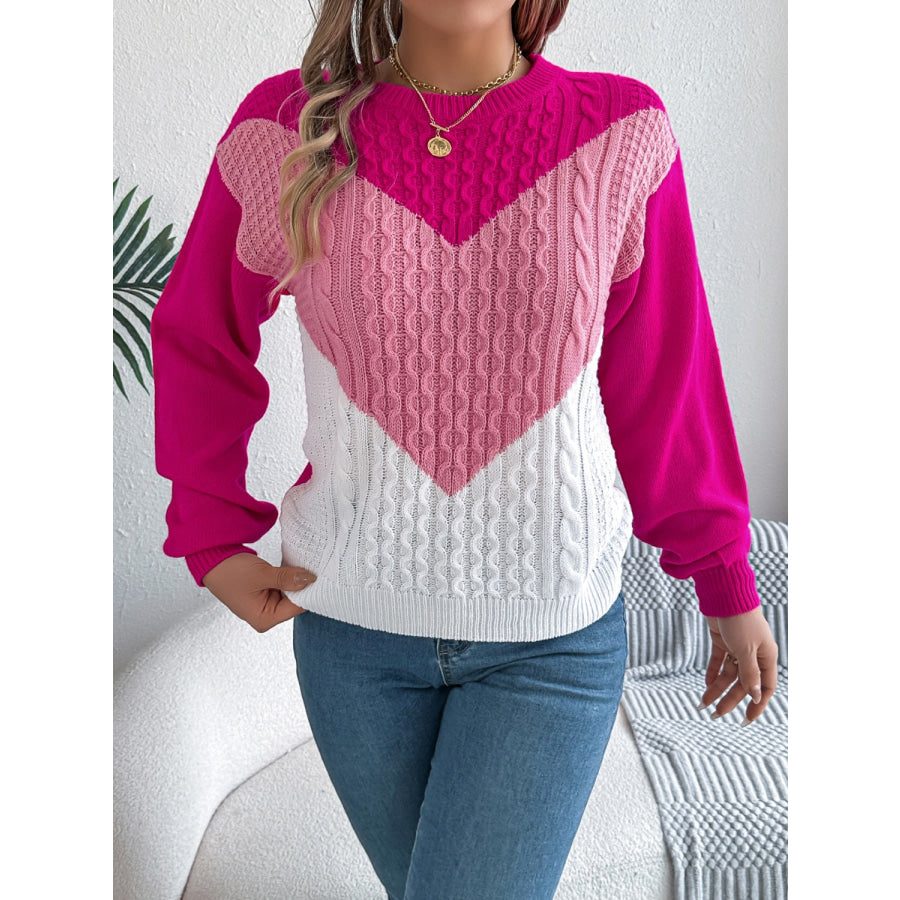 Contrast Round Neck Long Sleeve Sweater Hot Pink / S Apparel and Accessories