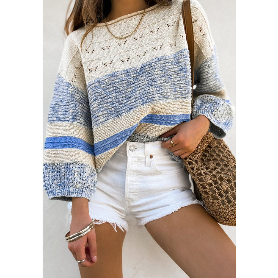 Contrast Round Neck Long Sleeve Sweater Light Blue / S Apparel and Accessories