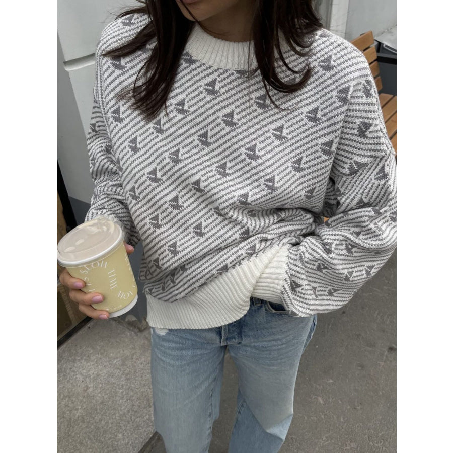 Contrast Round Neck Long Sleeve Sweater Light Gray / S Apparel and Accessories