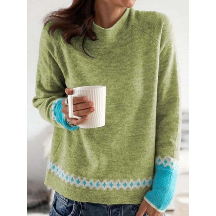 Contrast Round Neck Long Sleeve Sweater Lime / S Apparel and Accessories