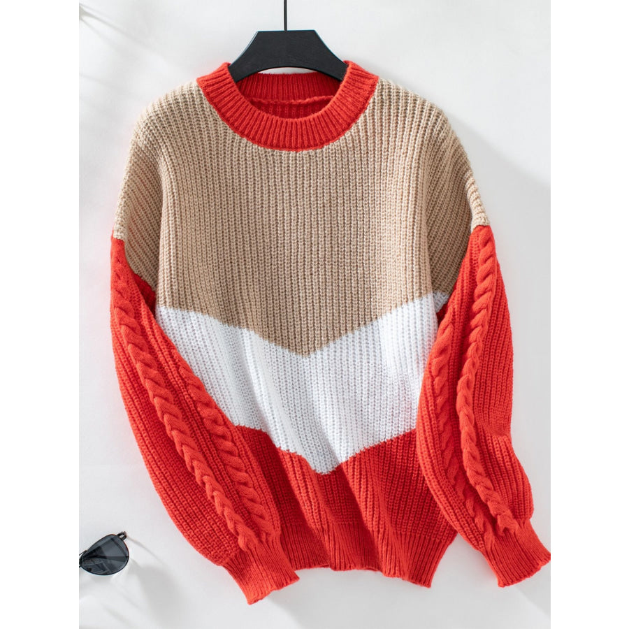 Contrast Round Neck Long Sleeve Sweater Orange-Red / S Apparel and Accessories