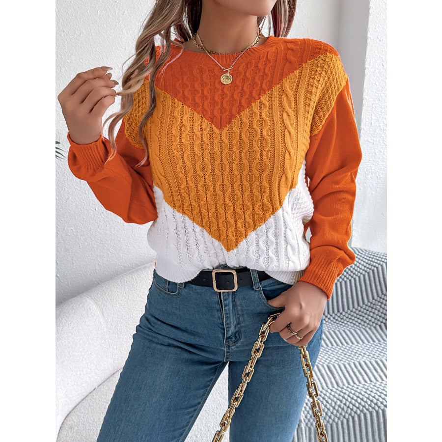 Contrast Round Neck Long Sleeve Sweater Orange / S Apparel and Accessories