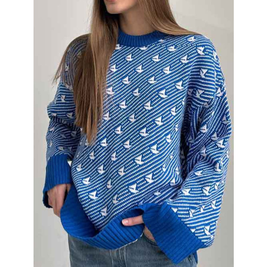 Contrast Round Neck Long Sleeve Sweater Royal Blue / S Apparel and Accessories