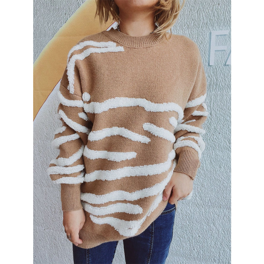 Contrast Round Neck Long Sleeve Sweater Tan / One Size Apparel and Accessories