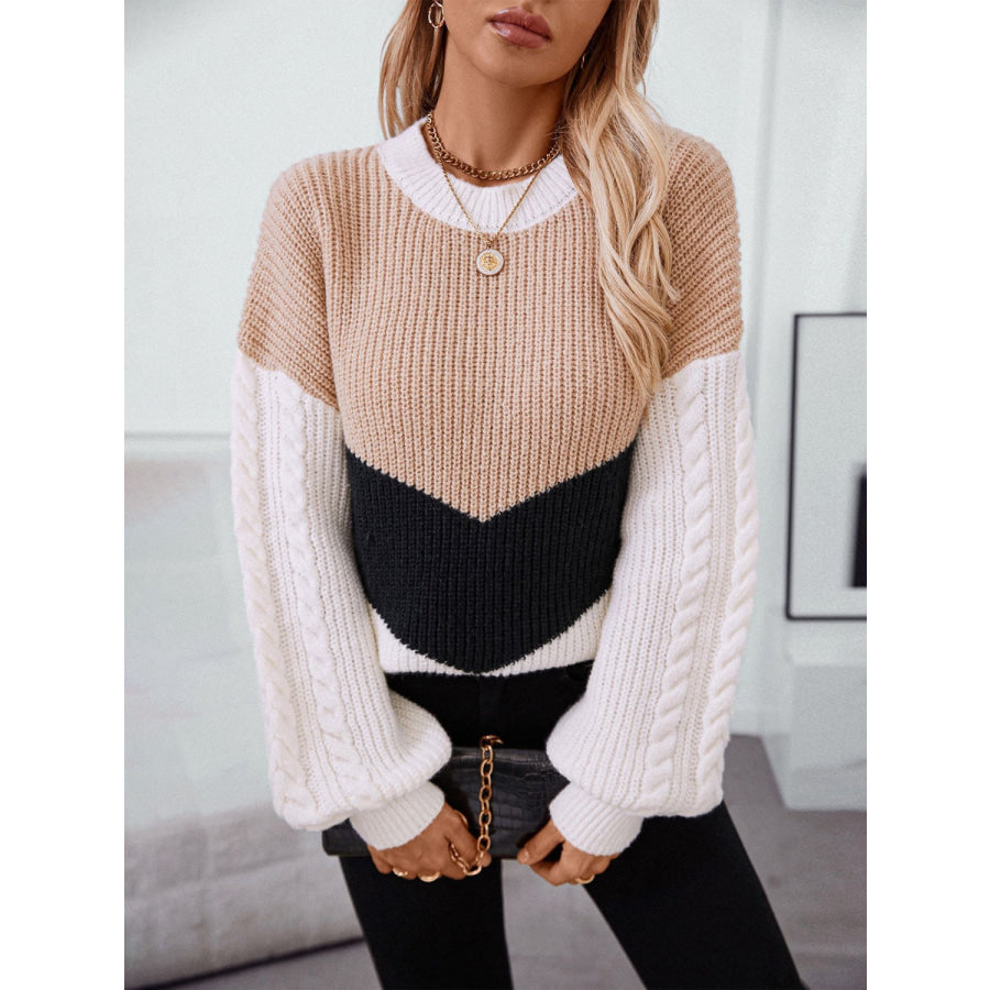 Contrast Round Neck Long Sleeve Sweater Tan / S Apparel and Accessories