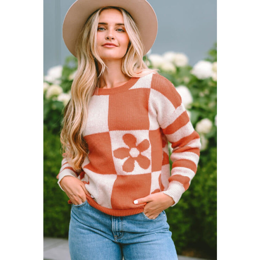 Contrast Round Neck Long Sleeve Sweater Terracotta / S Clothing