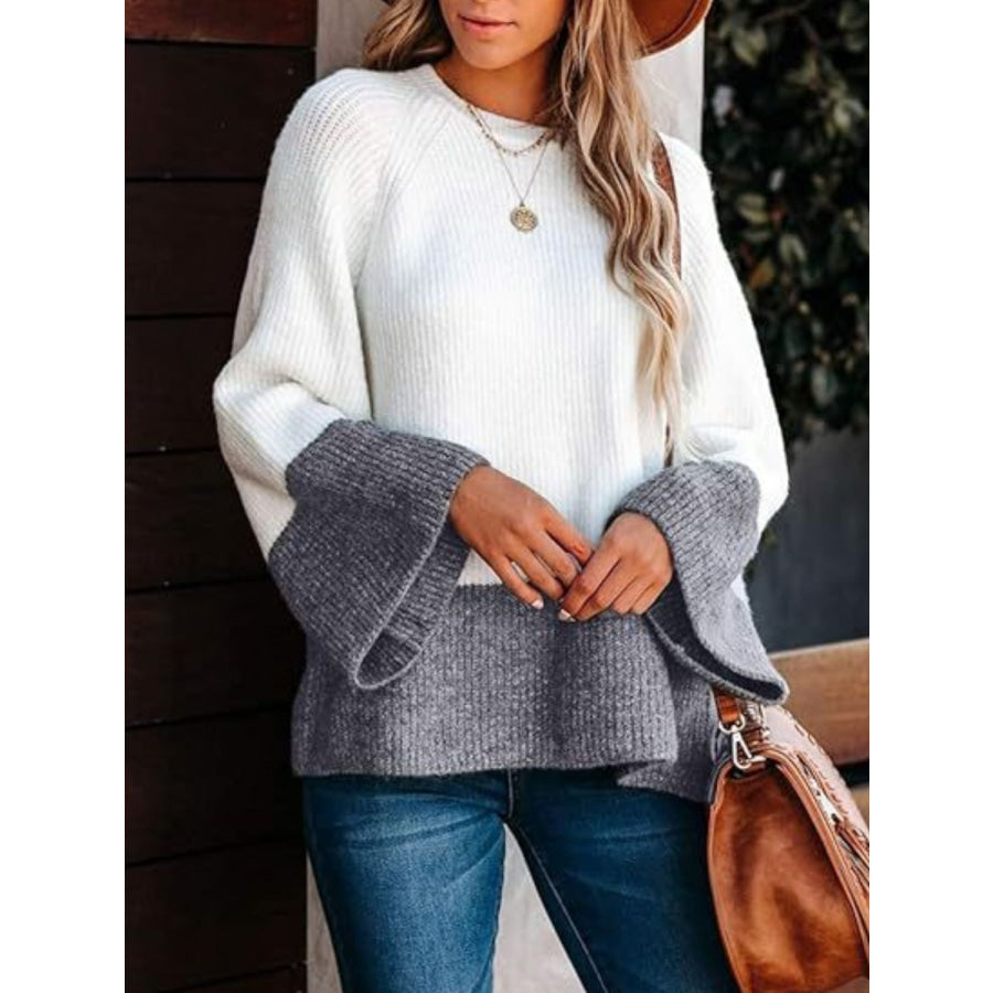 Contrast Round Neck Long Sleeve Sweater White / S Apparel and Accessories