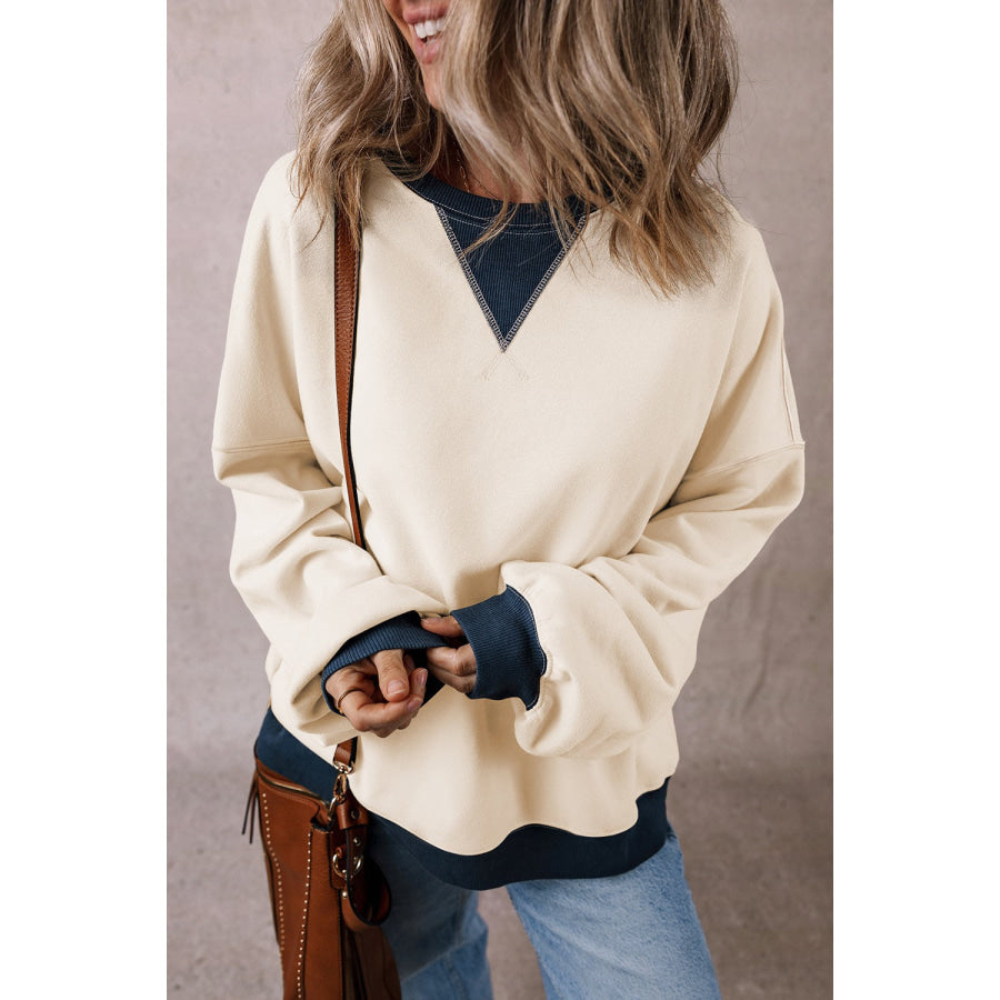 Contrast Round Neck Long Sleeve Sweatshirt Apparel and Accessories