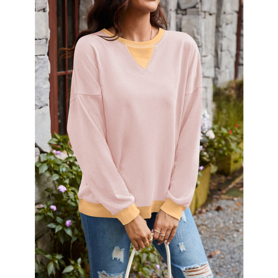 Contrast Round Neck Long Sleeve Sweatshirt Apparel and Accessories