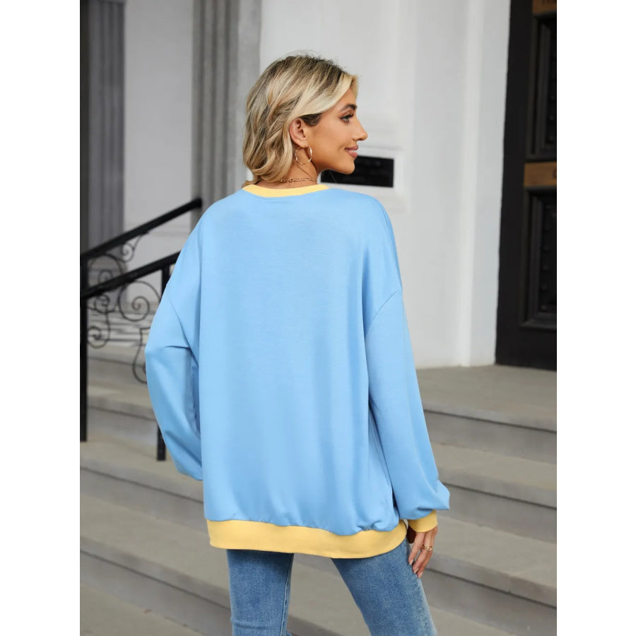 Contrast Round Neck Long Sleeve Sweatshirt Apparel and Accessories
