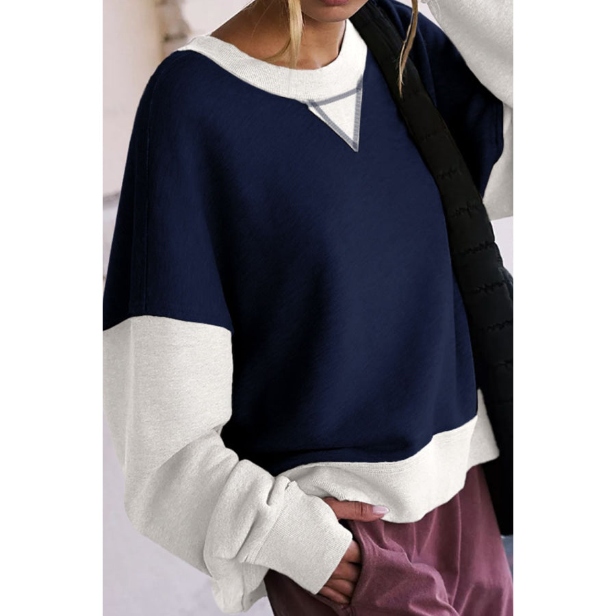 Contrast Round Neck Long Sleeve Sweatshirt Apparel and Accessories