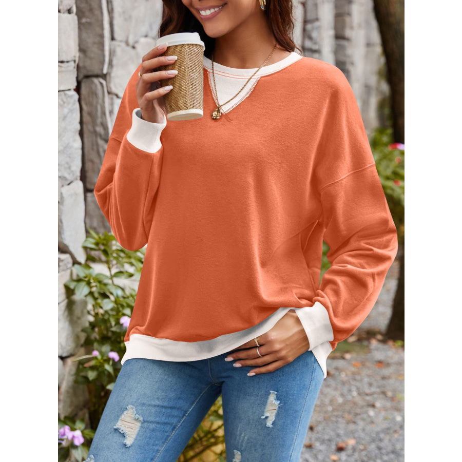 Contrast Round Neck Long Sleeve Sweatshirt Apparel and Accessories