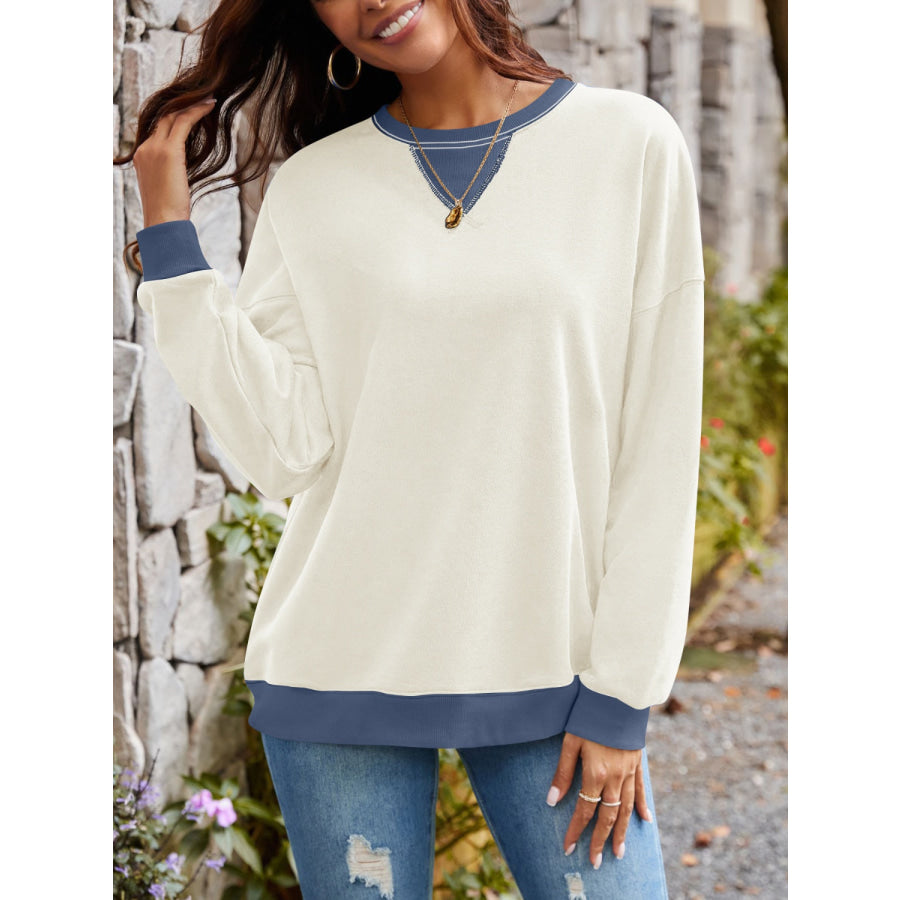 Contrast Round Neck Long Sleeve Sweatshirt Apparel and Accessories