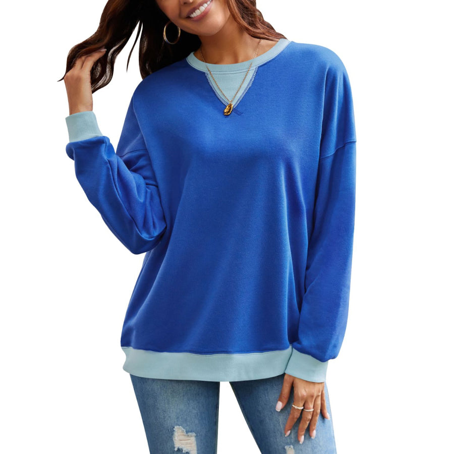 Contrast Round Neck Long Sleeve Sweatshirt Apparel and Accessories