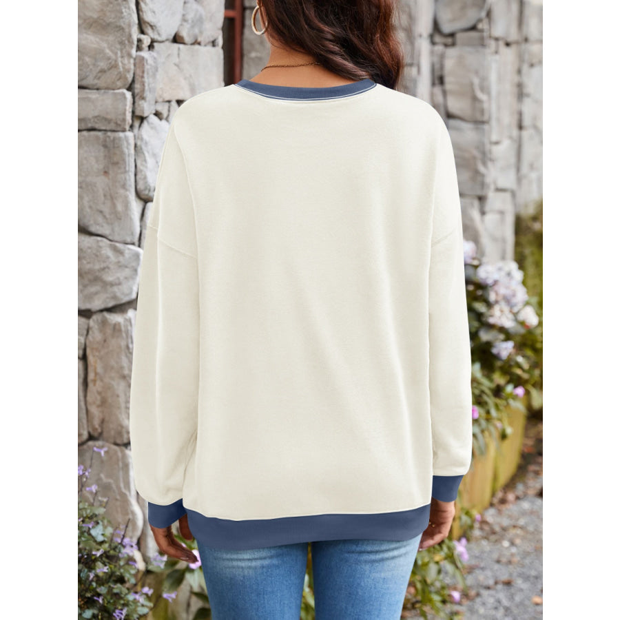 Contrast Round Neck Long Sleeve Sweatshirt Apparel and Accessories