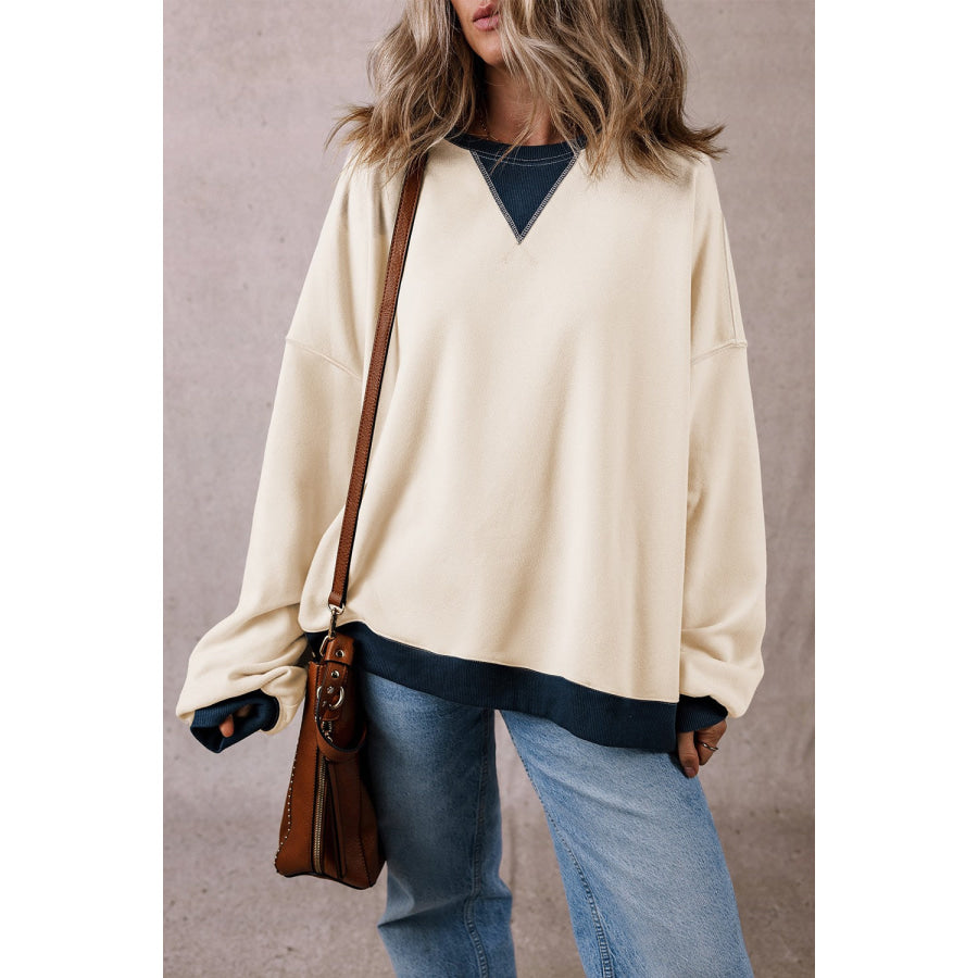 Contrast Round Neck Long Sleeve Sweatshirt Apparel and Accessories