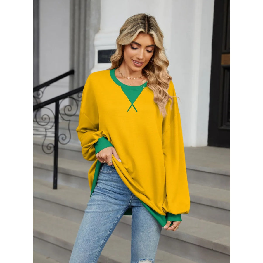 Contrast Round Neck Long Sleeve Sweatshirt Apparel and Accessories