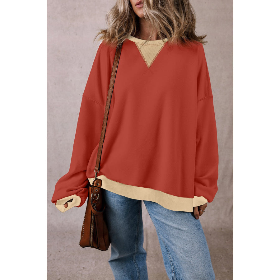 Contrast Round Neck Long Sleeve Sweatshirt Apparel and Accessories