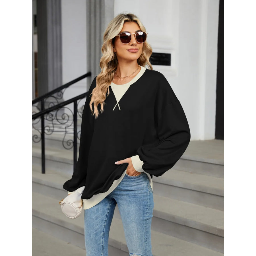 Contrast Round Neck Long Sleeve Sweatshirt Apparel and Accessories