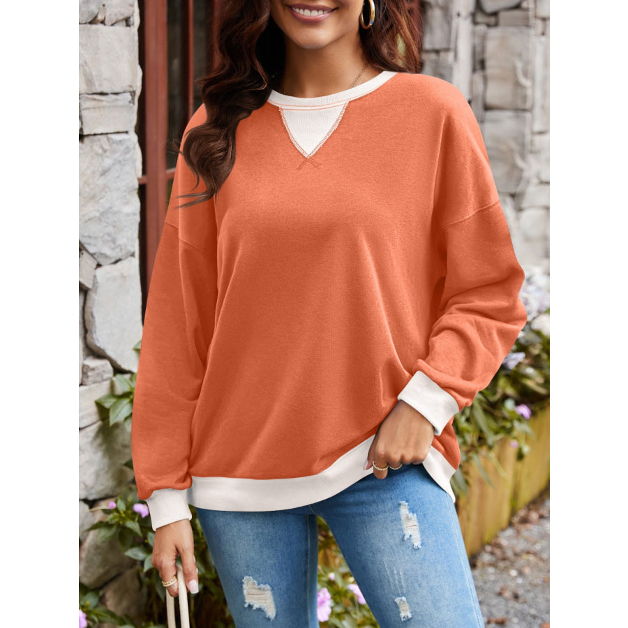 Contrast Round Neck Long Sleeve Sweatshirt Apparel and Accessories