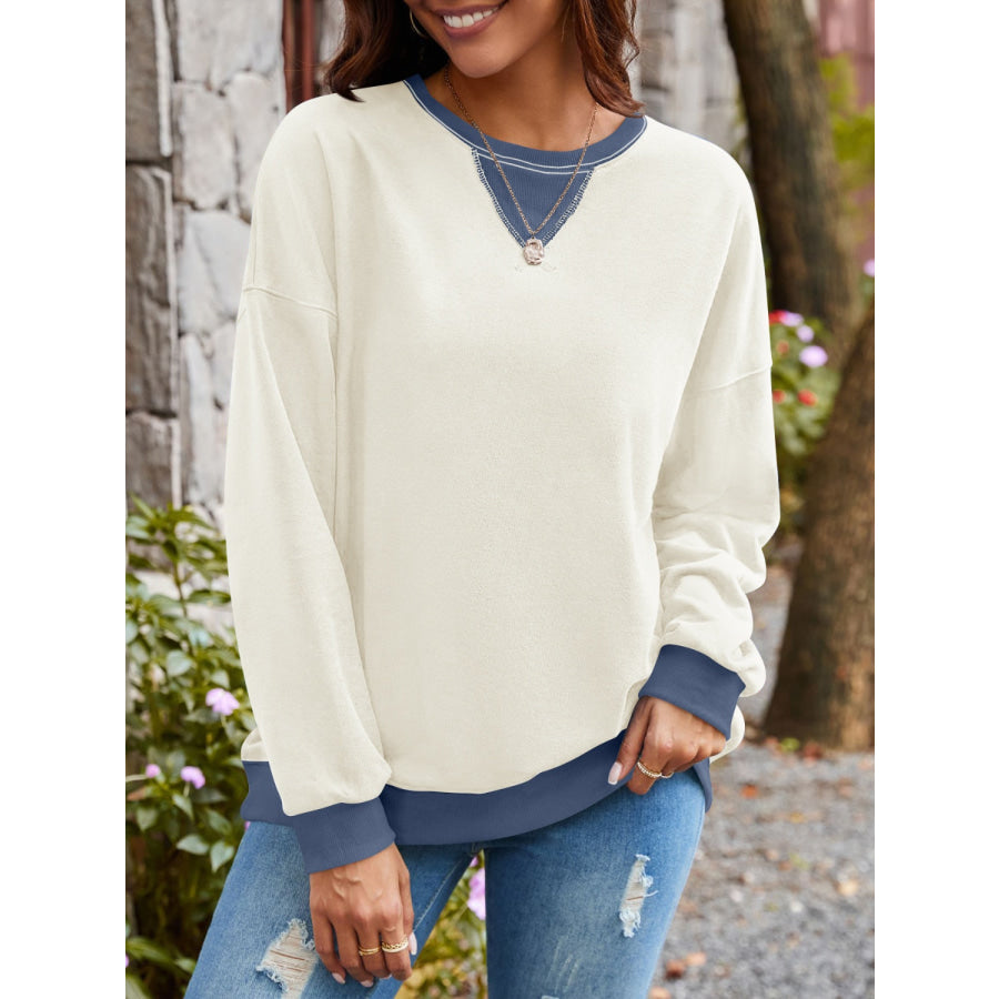 Contrast Round Neck Long Sleeve Sweatshirt Apparel and Accessories