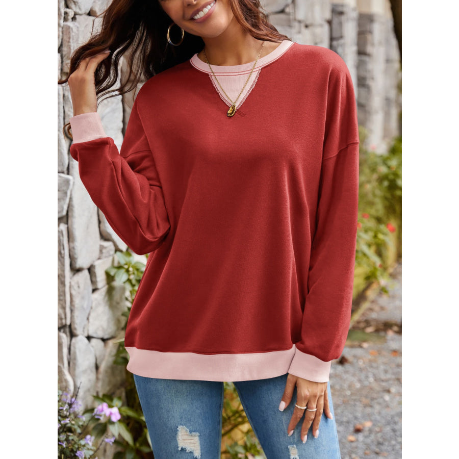 Contrast Round Neck Long Sleeve Sweatshirt Apparel and Accessories