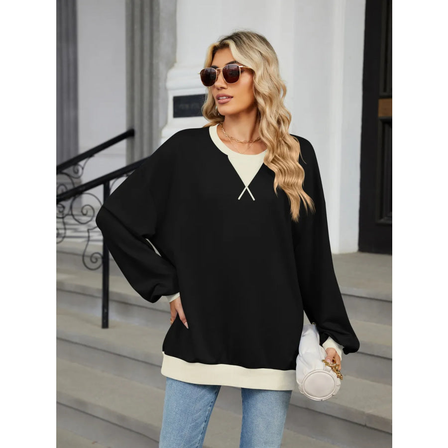 Contrast Round Neck Long Sleeve Sweatshirt Apparel and Accessories