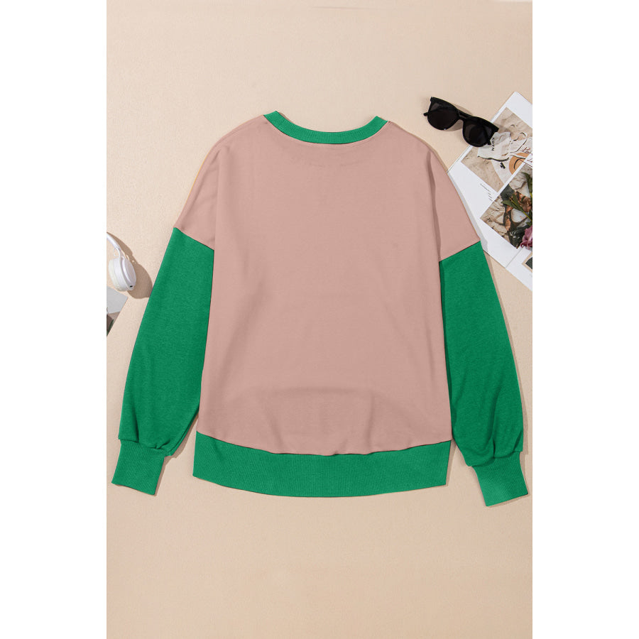 Contrast Round Neck Long Sleeve Sweatshirt Apparel and Accessories