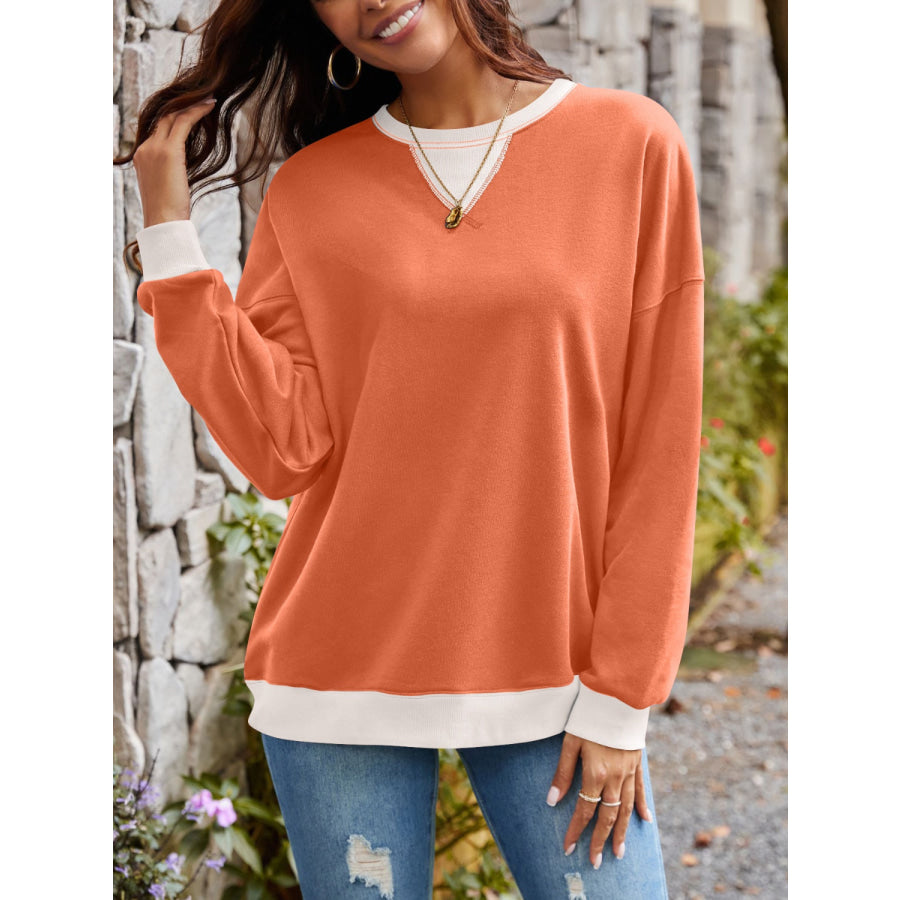 Contrast Round Neck Long Sleeve Sweatshirt Apparel and Accessories