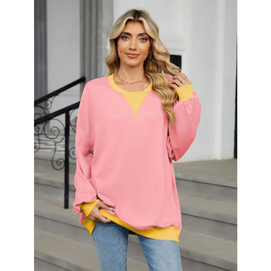 Contrast Round Neck Long Sleeve Sweatshirt Apparel and Accessories