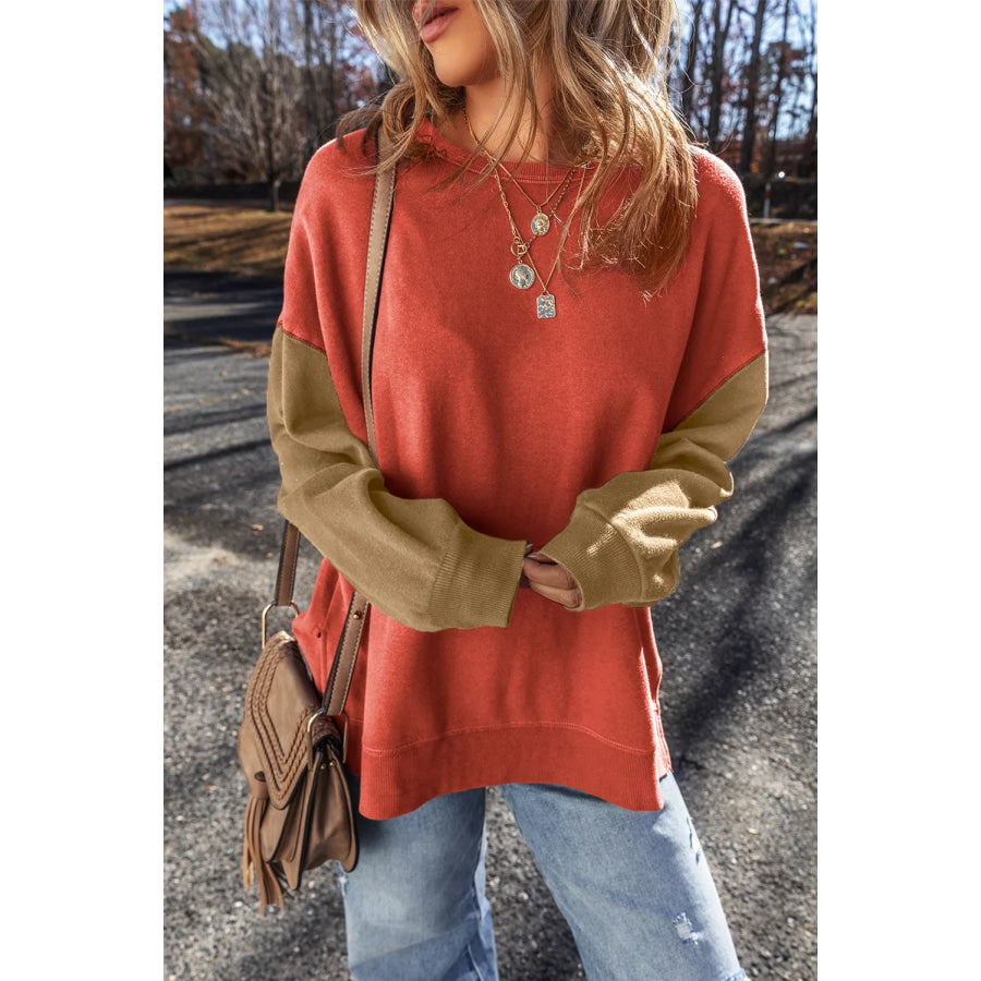 Contrast Round Neck Long Sleeve Sweatshirt Orange-Red / S Apparel and Accessories