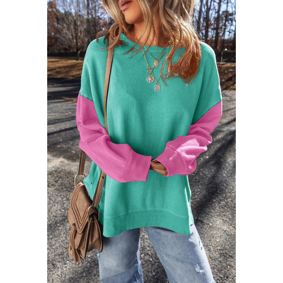 Contrast Round Neck Long Sleeve Sweatshirt Apparel and Accessories