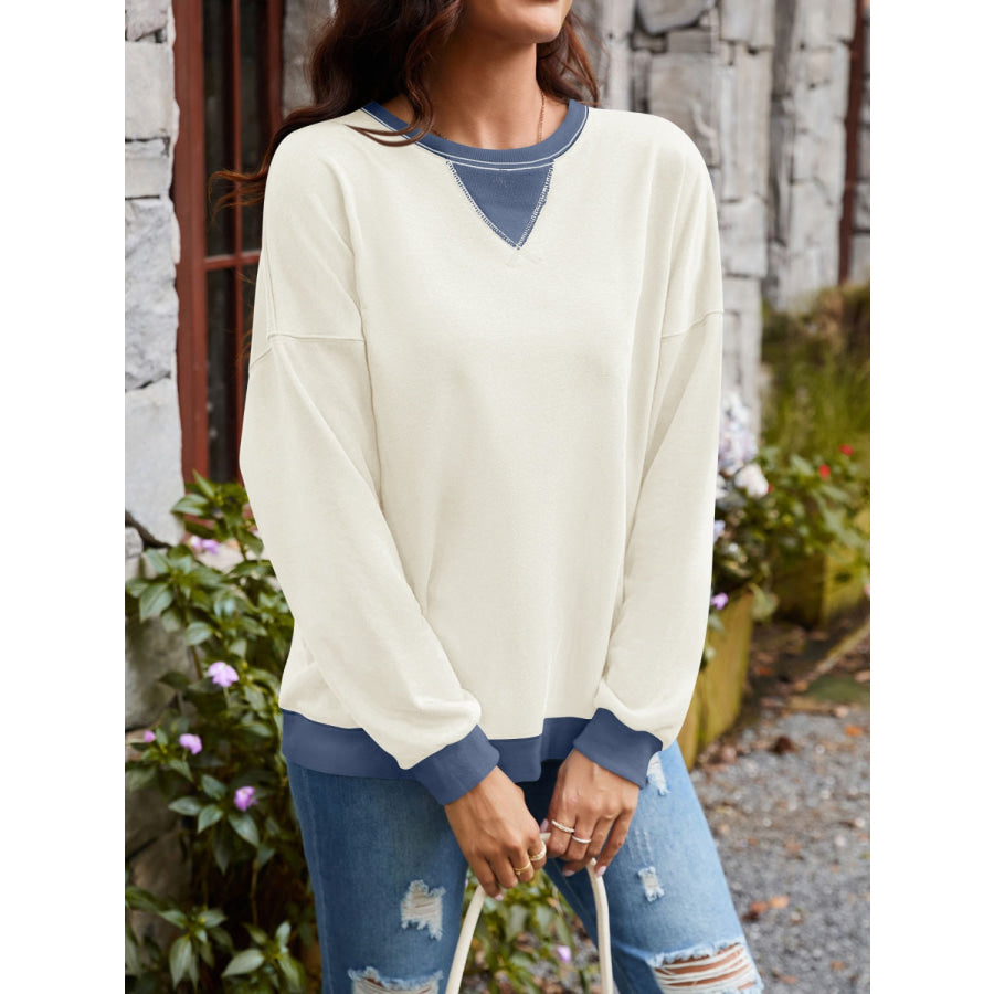 Contrast Round Neck Long Sleeve Sweatshirt Apparel and Accessories