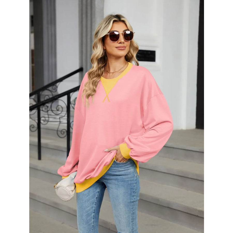 Contrast Round Neck Long Sleeve Sweatshirt Apparel and Accessories