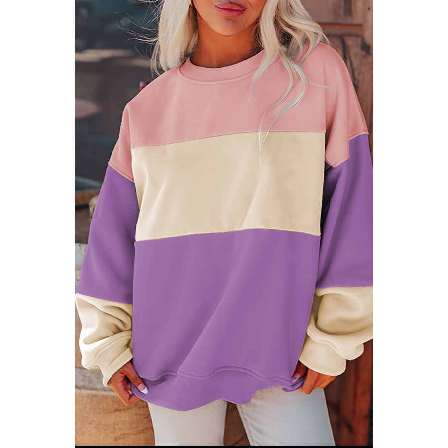 Contrast Round Neck Long Sleeve Sweatshirt Apparel and Accessories